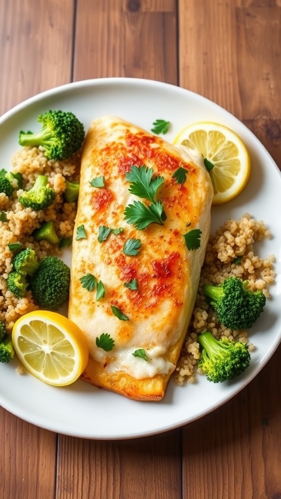 Baked tilapia fillet garnished with parsley and lemon, served with broccoli and quinoa on a rustic table.